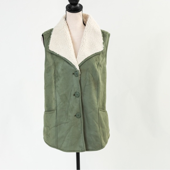 Gorpcore cozy warm faux Suede vest wide collar sherpa lining green Denim & Co XL - Picture 10 of 14
